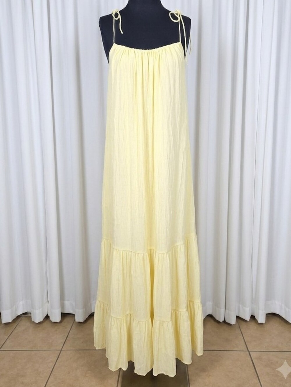 Anine Bing Scarlett Light Yellow Tie-Strap Tiered Maxi Dress